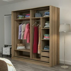 Armoire portes coulissantes effet bois & gris, 1 miroir BYRON