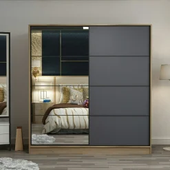 Armoire portes coulissantes effet bois & gris, 1 miroir BYRON