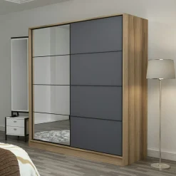 Armoire portes coulissantes effet bois & gris, 1 miroir BYRON