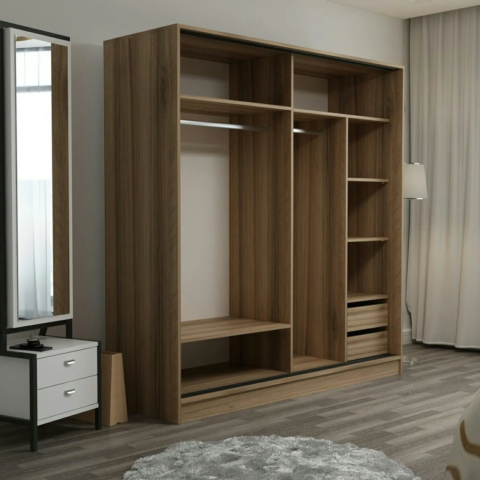 Armoire portes coulissantes effet bois, 1 face grise BYRON