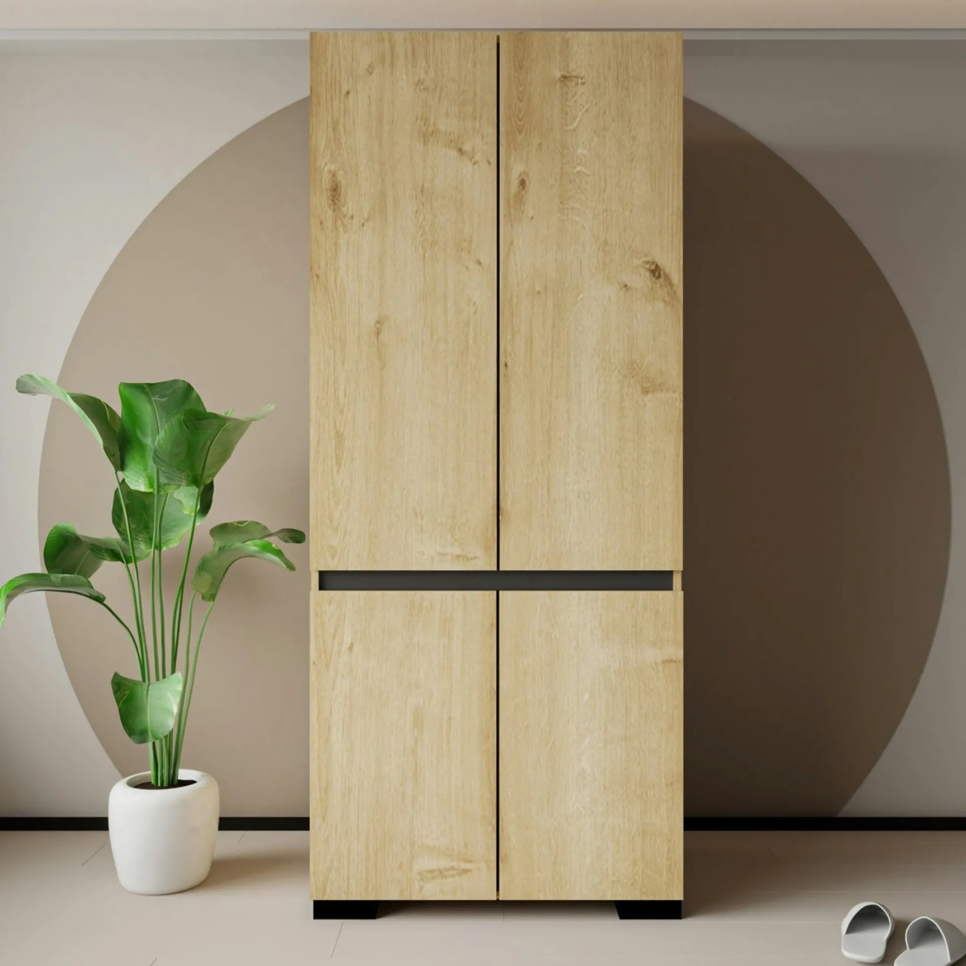 Armoire 2 portes effet bois détail gris, 5 étagères BYRON