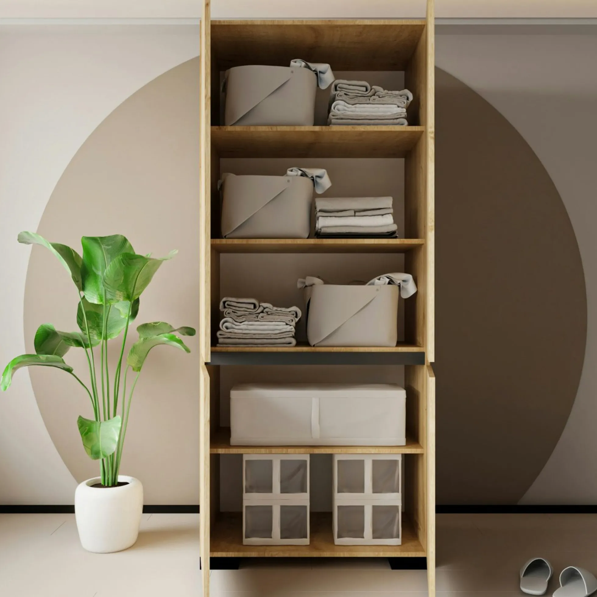 Armoire 2 portes effet bois détail gris, 5 étagères BYRON