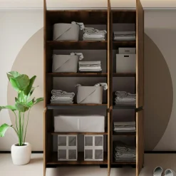 Armoire 3 portes effet noyer détail gris 10 étagères BYRON