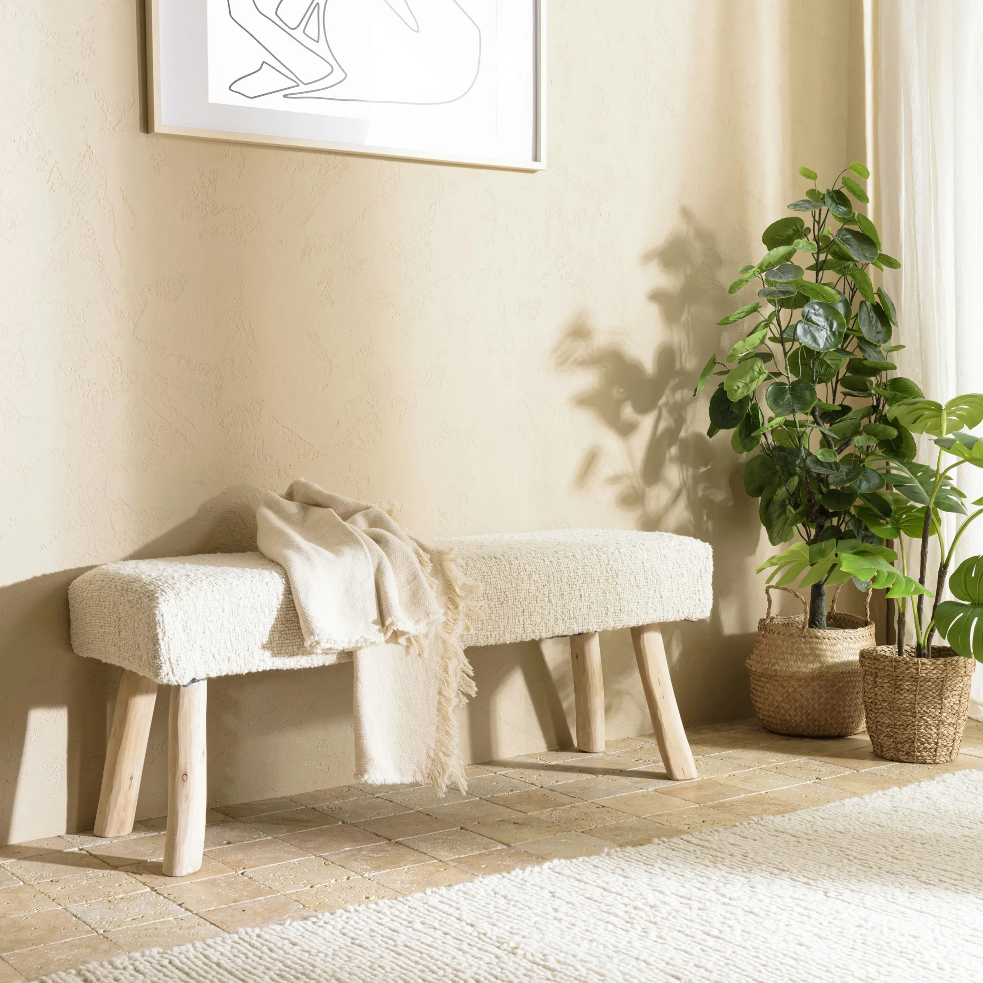 Banc bohème assise laine ivoire effet canevas TIM