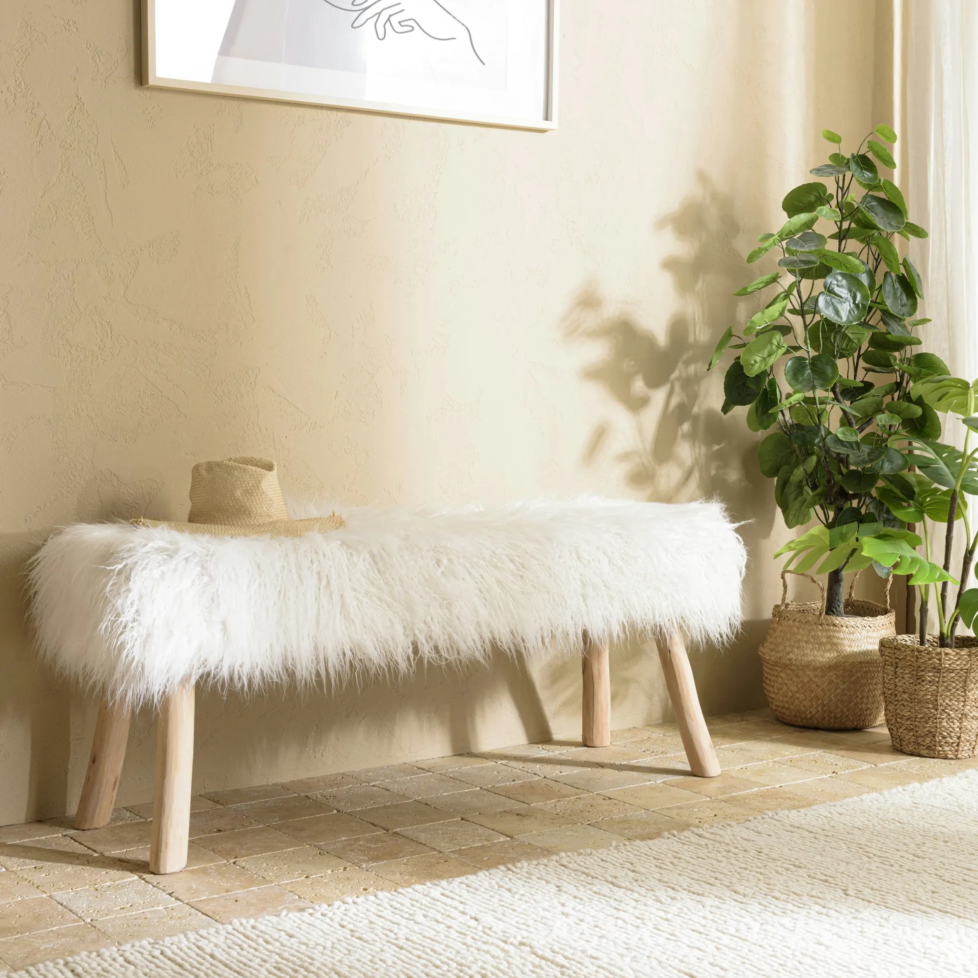 Banc bohème effet fourrure ivoire TIM