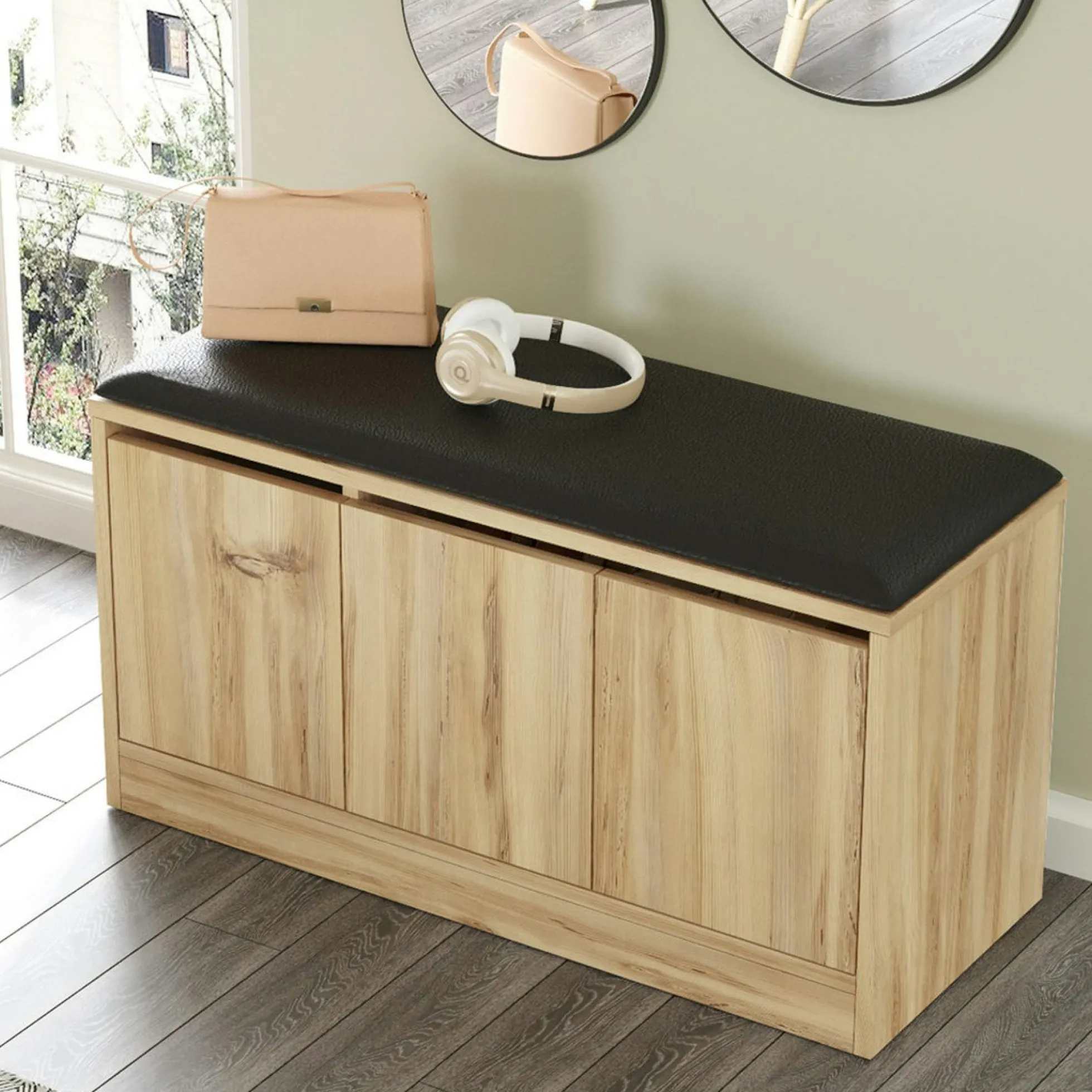 Banc à chaussures avec assise 3 portes décor bois clair MARFA
