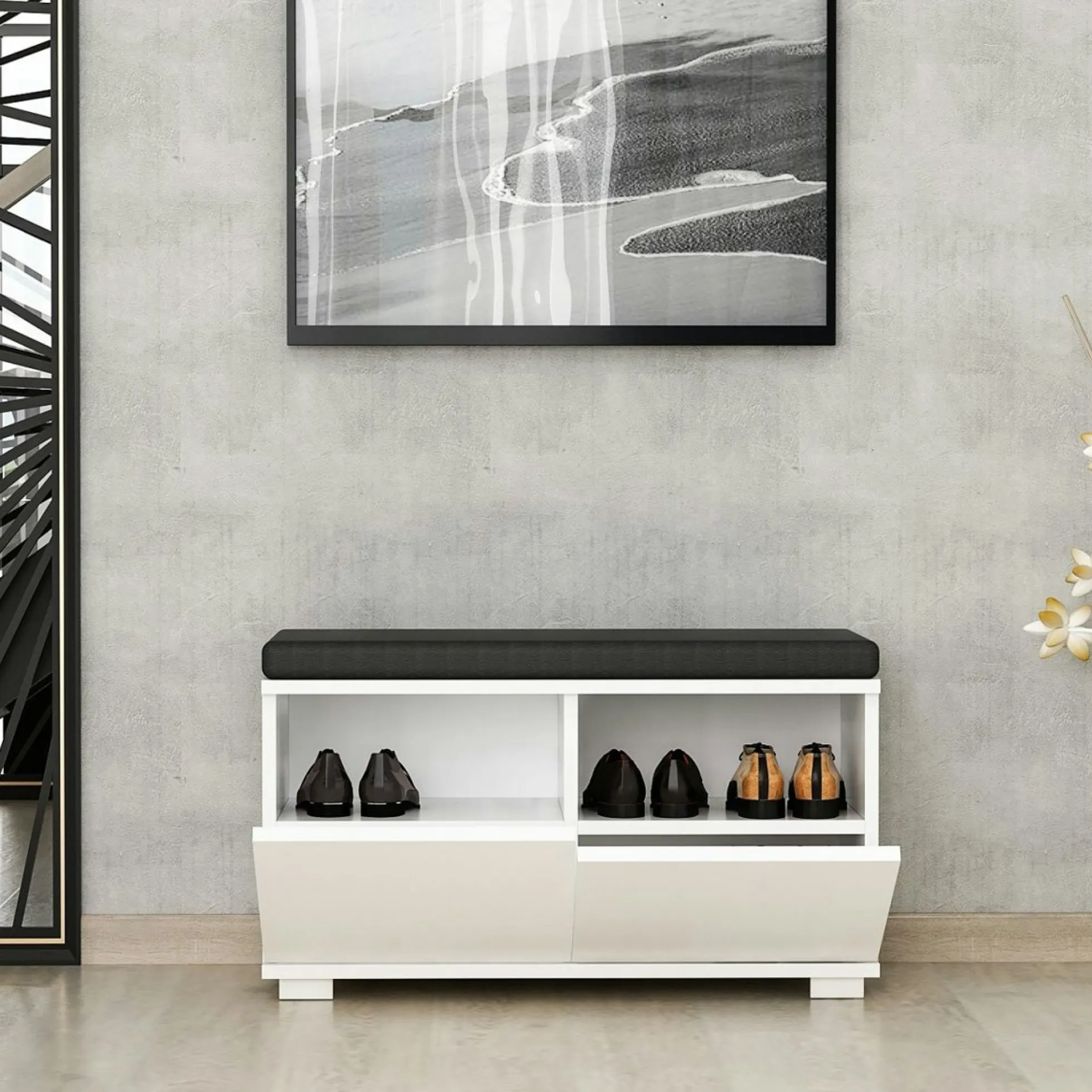 Banc à chaussures blanc assise et 4 niches fermées MARFA