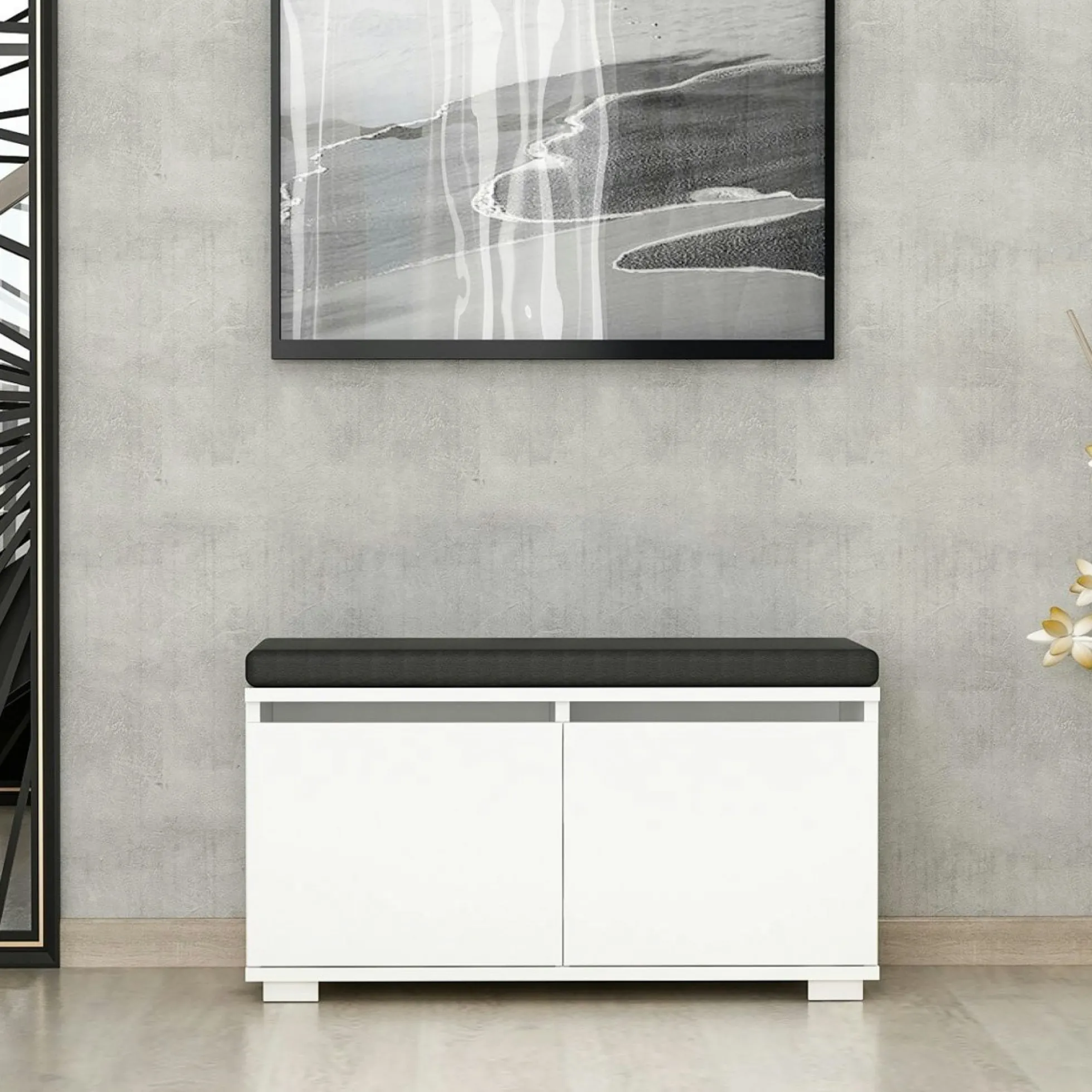 Banc à chaussures blanc assise et 4 niches fermées MARFA