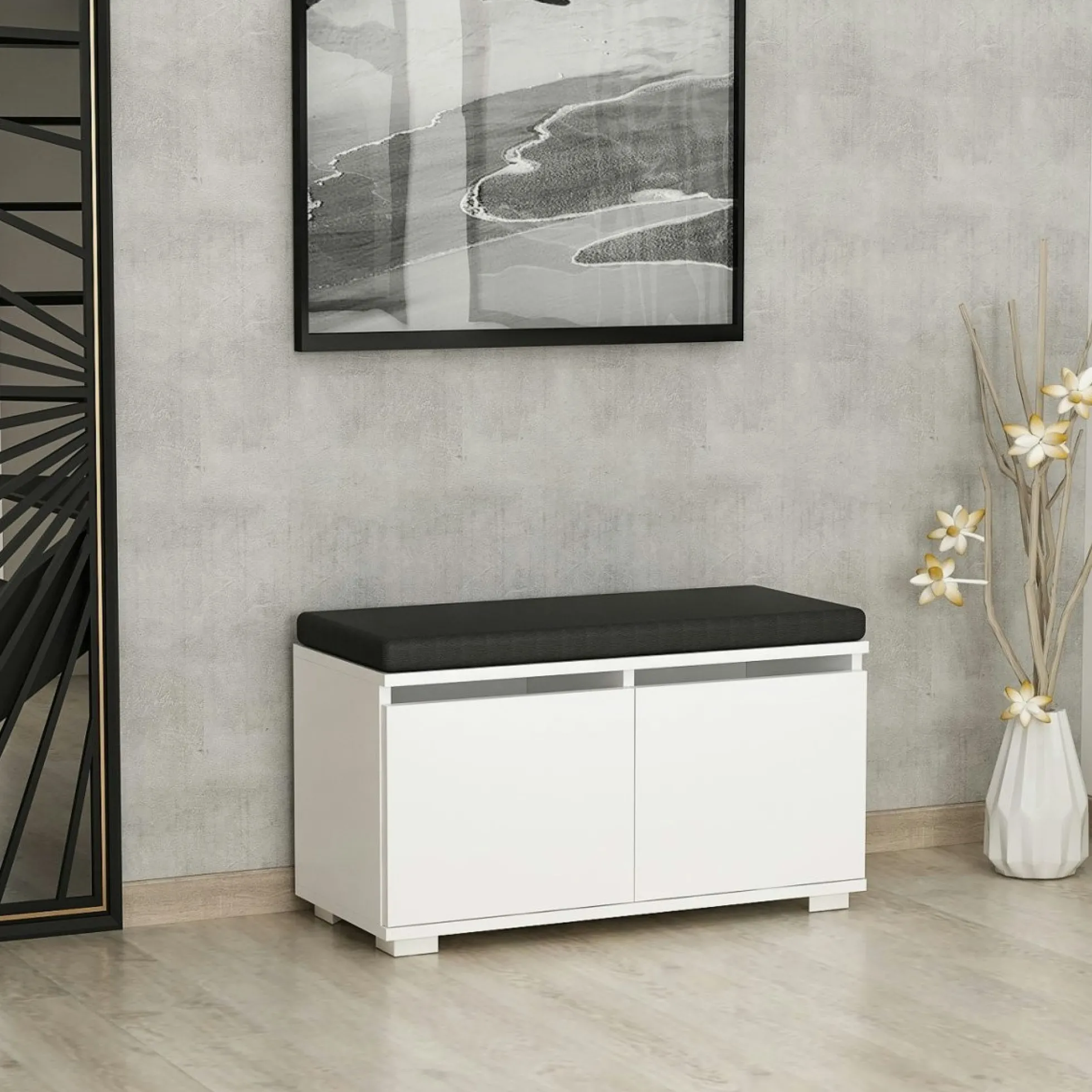 Banc à chaussures blanc assise et 4 niches fermées MARFA
