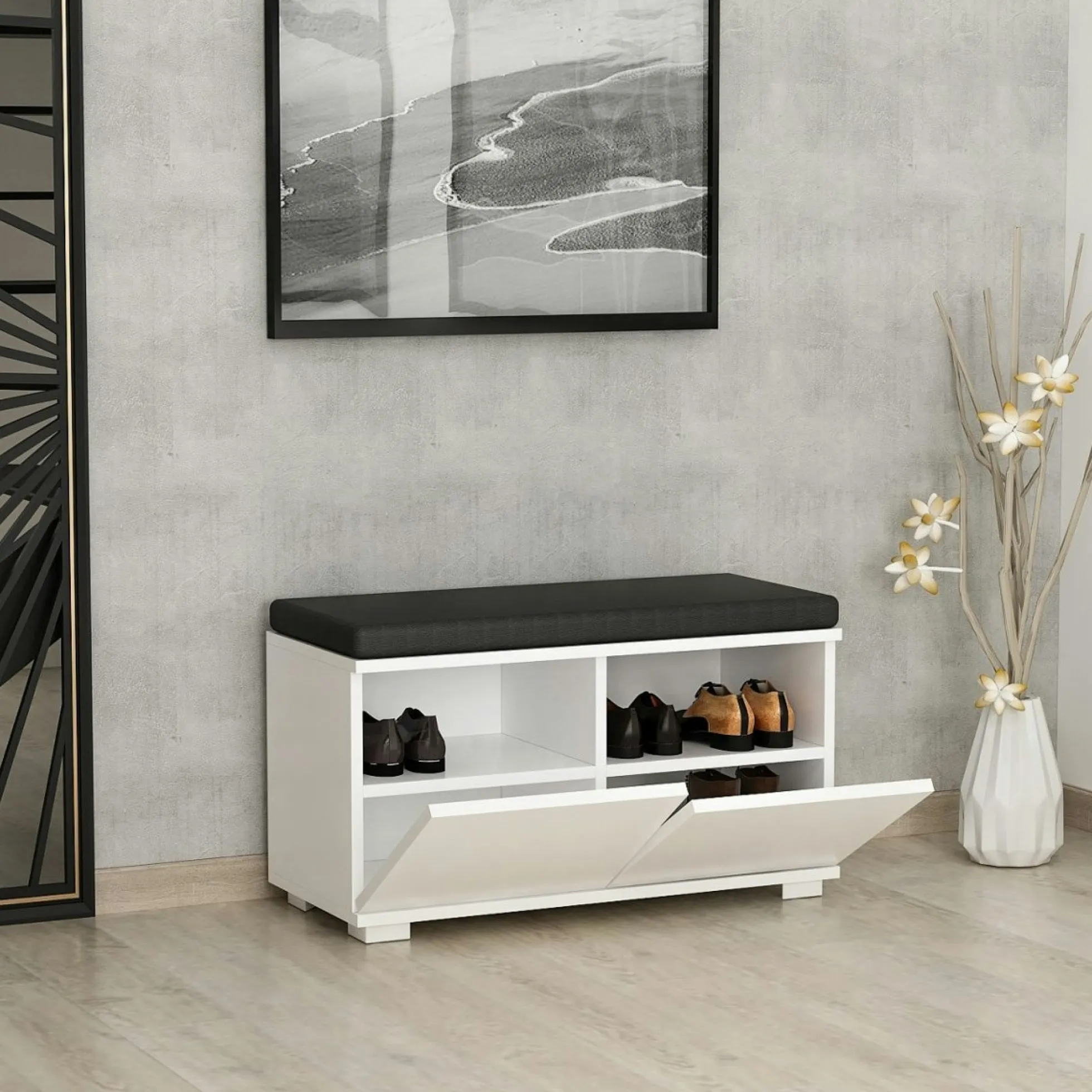 Banc à chaussures blanc assise et 4 niches fermées MARFA
