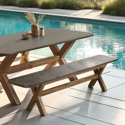 Banc 200 cm effet béton marron pied en bois d'acacia CALVI