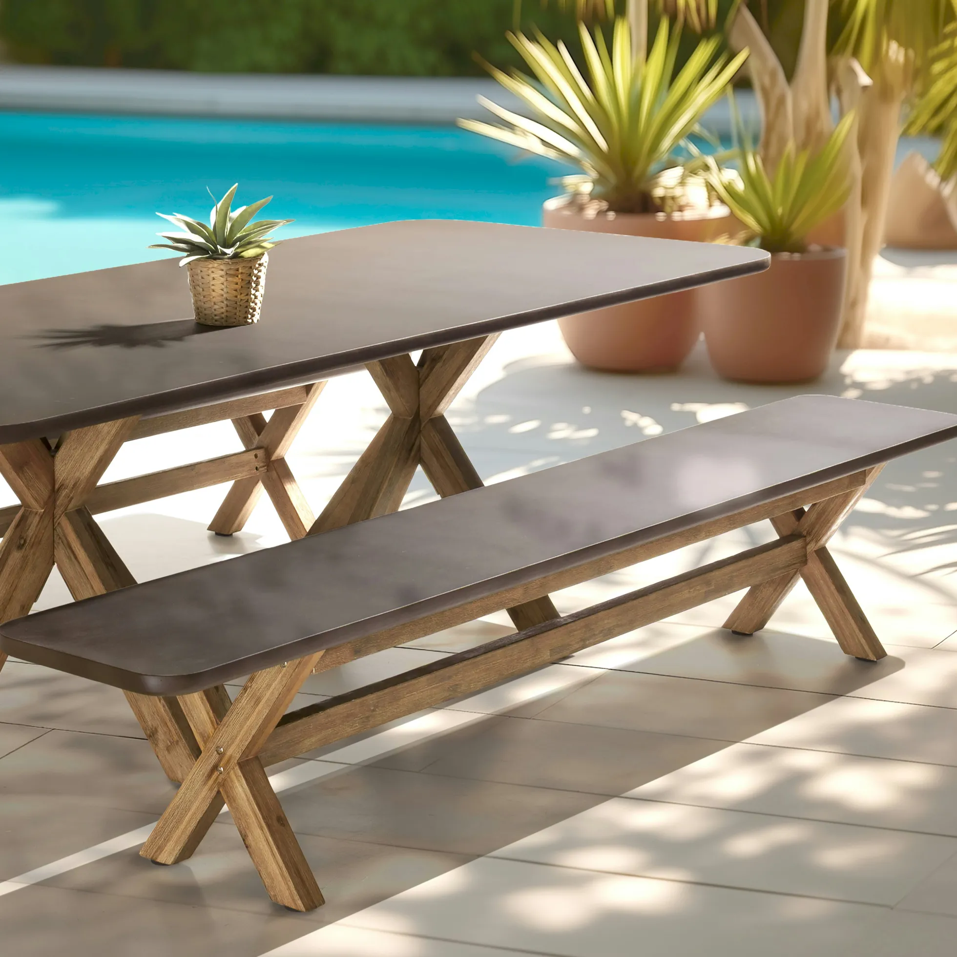 Banc 240 cm effet béton marron pieds en bois d'acacia CALVI