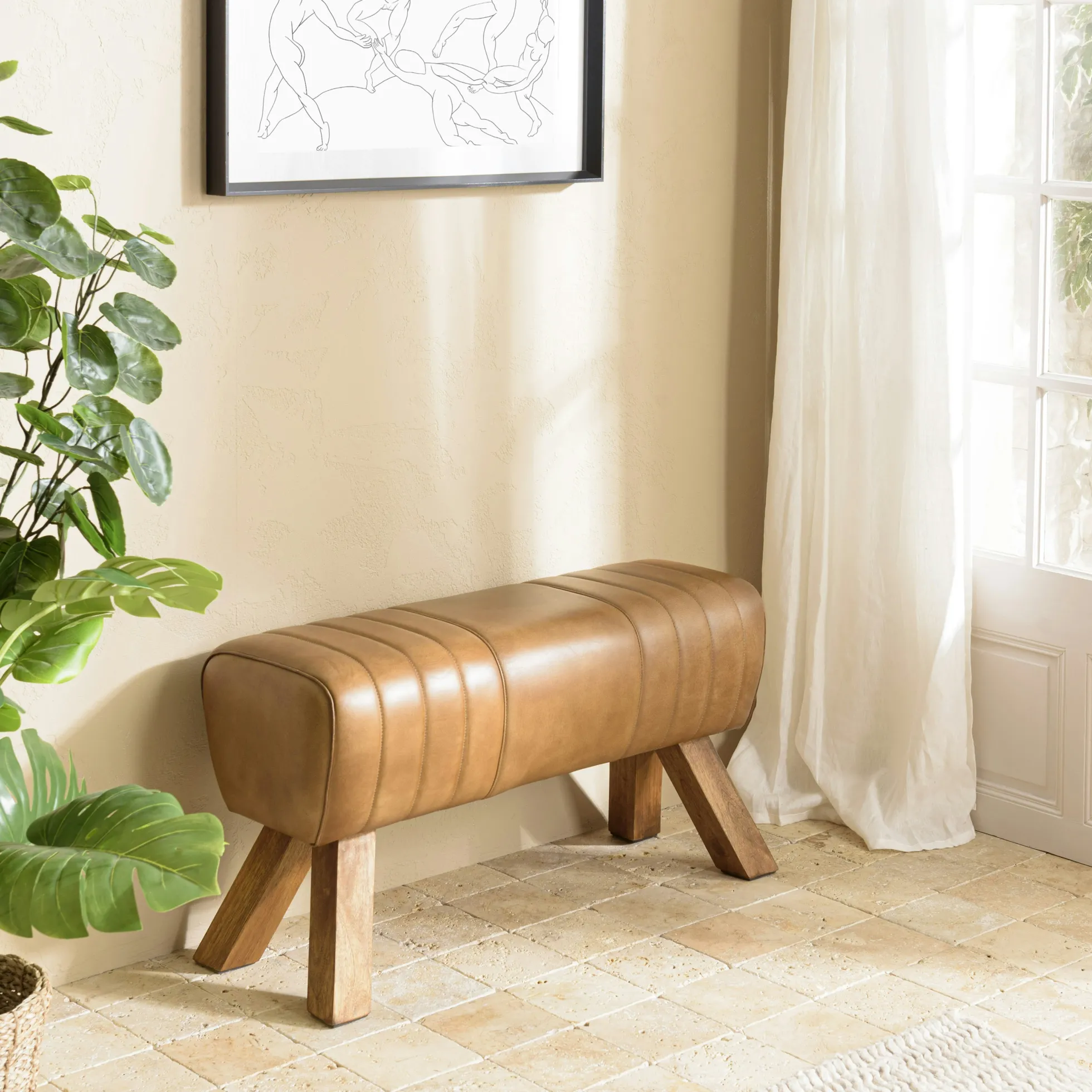 Banc cuir havane pieds en bois 89 cm TIM