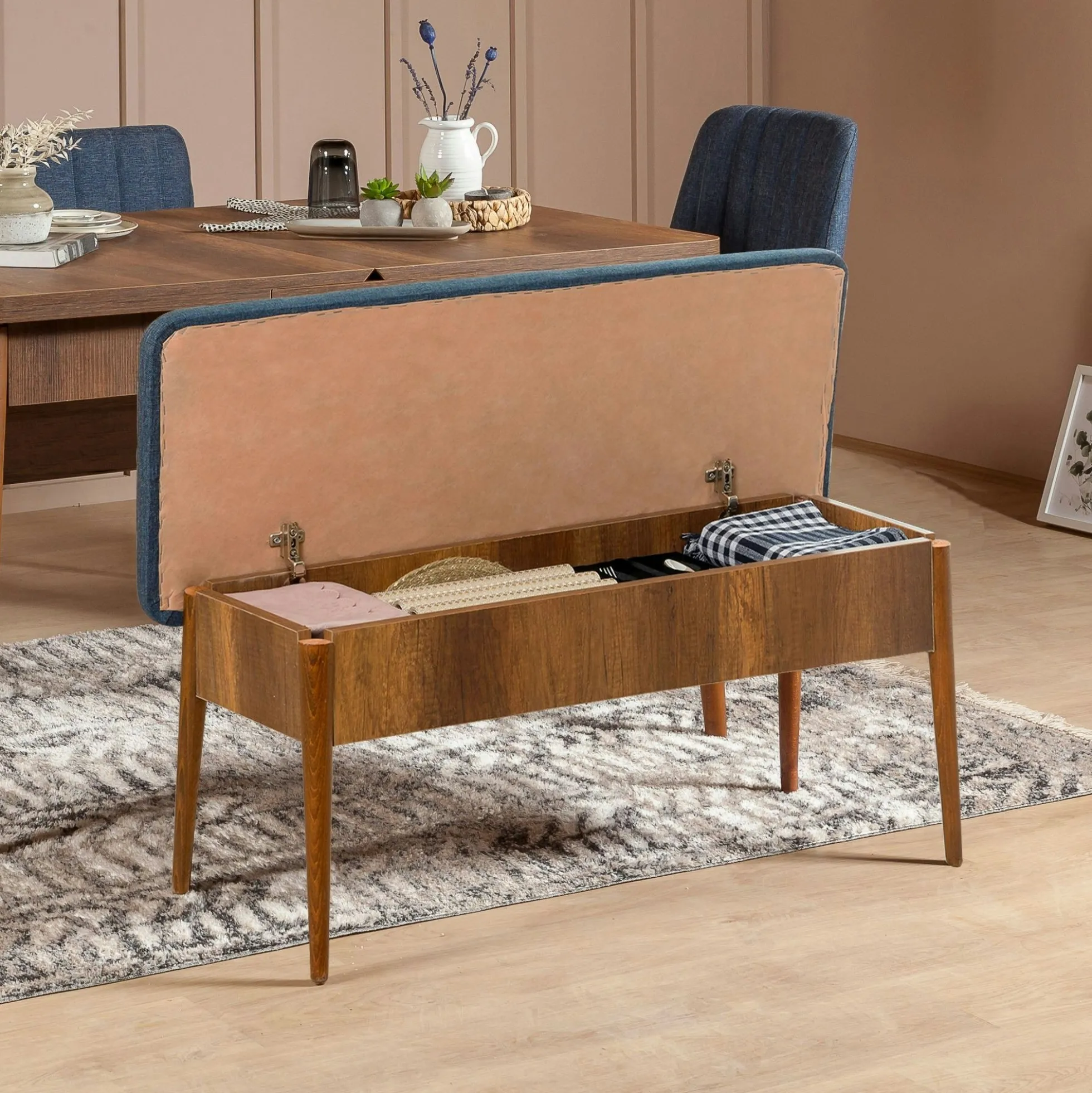Banc d'entrée avec rangement en tissu bleu 110 cm ROSARIO