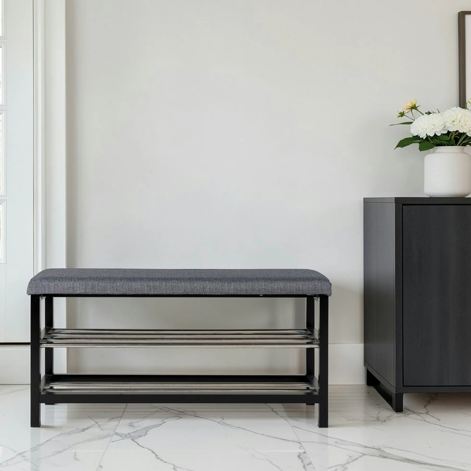 Banc d'entrée tissu gris avec rangement chaussures SAVONE