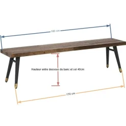 Banc de table bois recyclé piètement effet laiton vieilli 180 cm ADÉLAÏDE