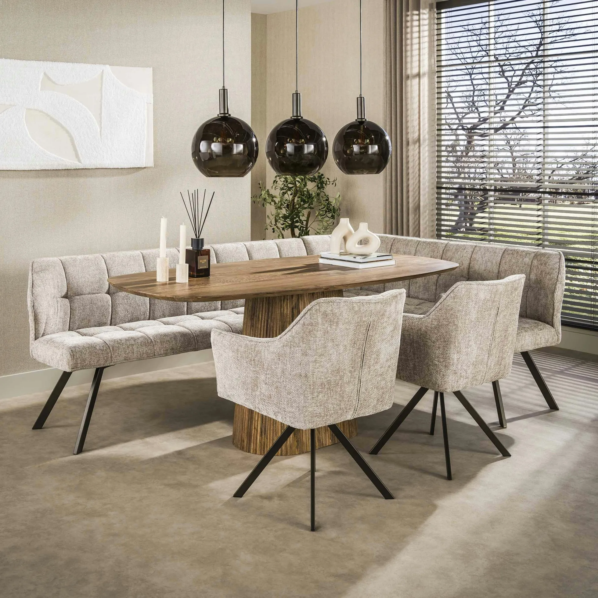 Banc de table tissu doux sable, angle droit MELBOURNE