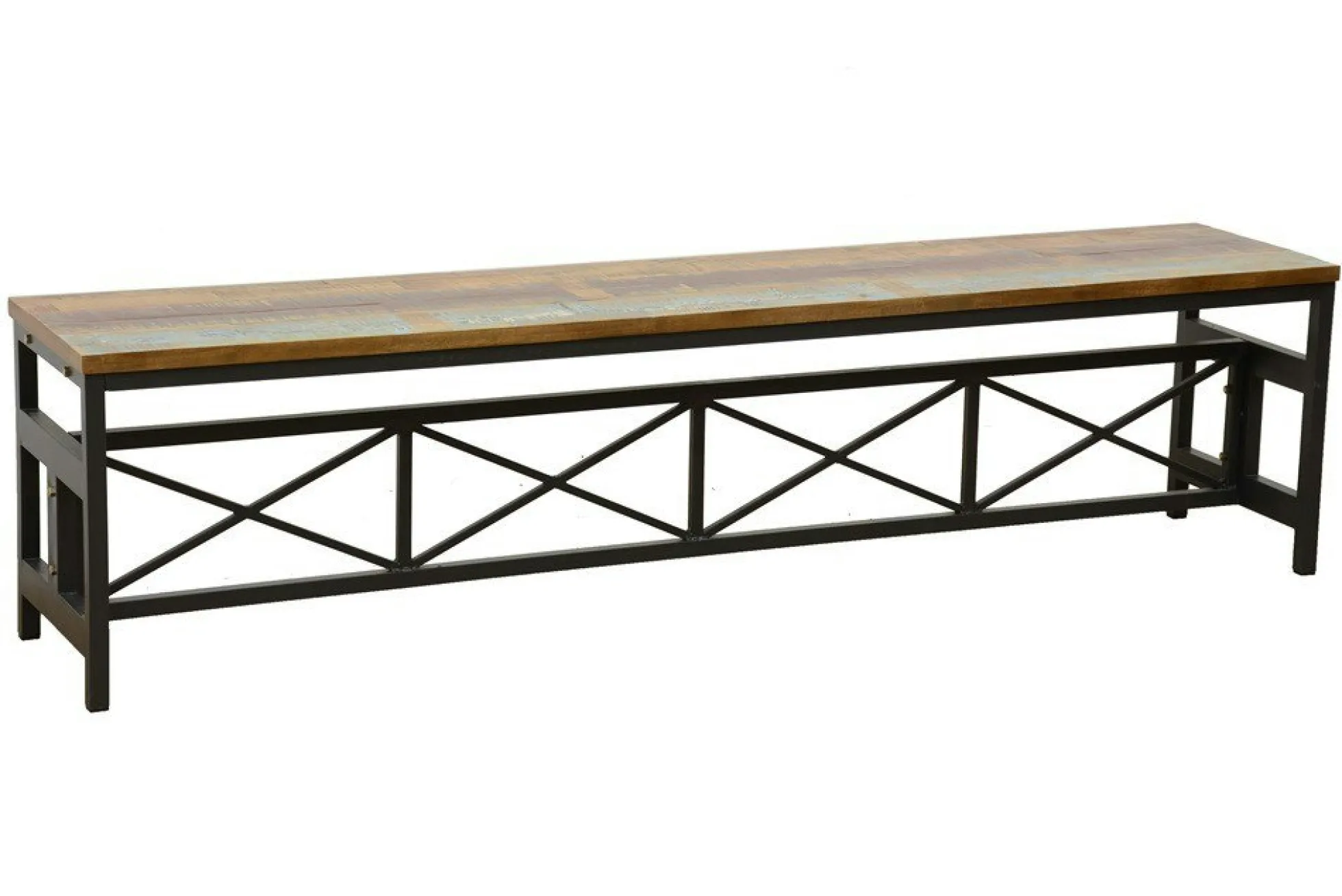 Banc en Hévéa recyclé coloré et pieds métal avec croisillons 180x36x45cm LOFT COLORS