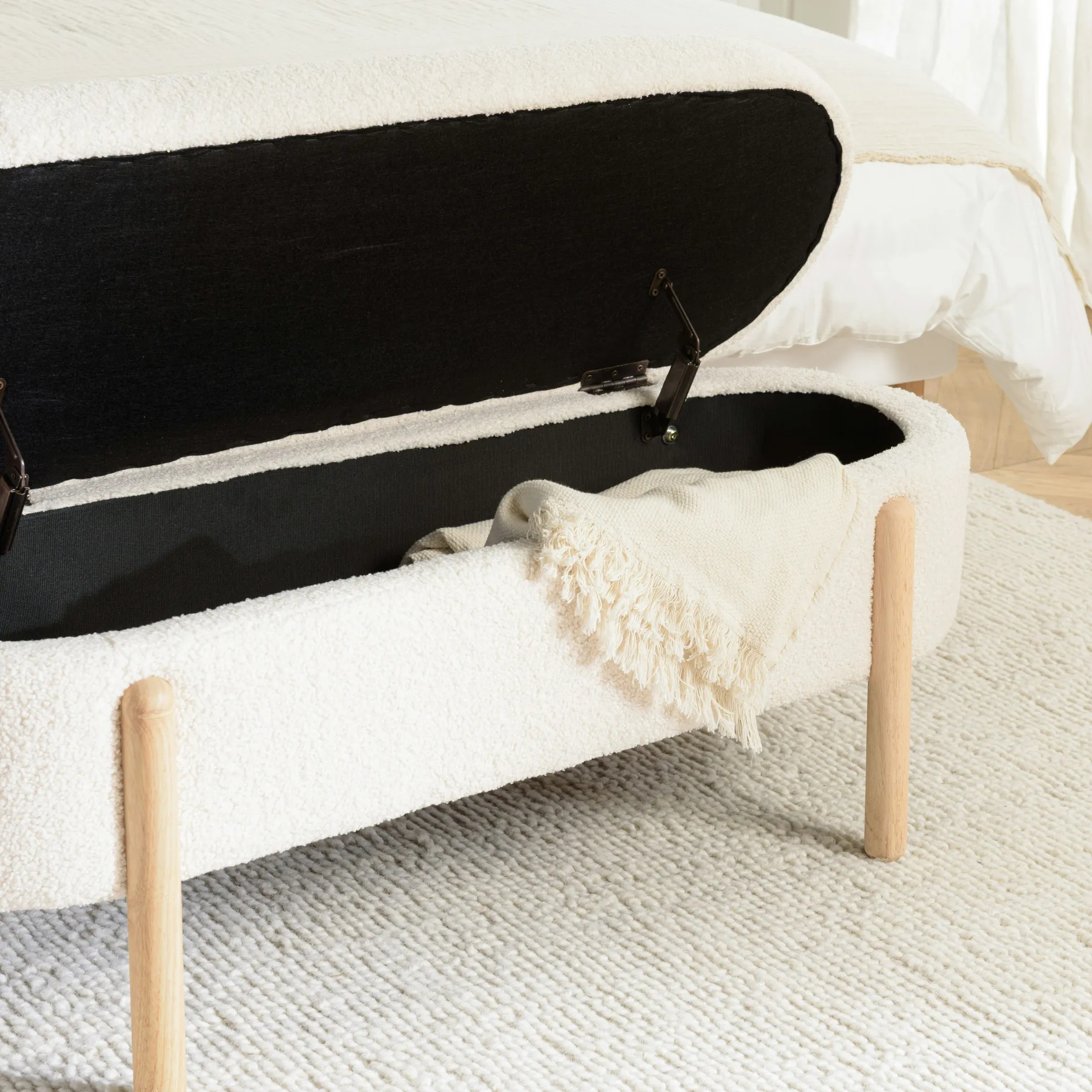 Banc forme arrondie avec rangement tissu écru COLOMBUS
