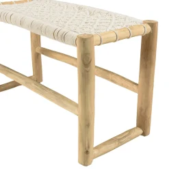 Banc rondins de teck naturel assise macramé blanc MANAK
