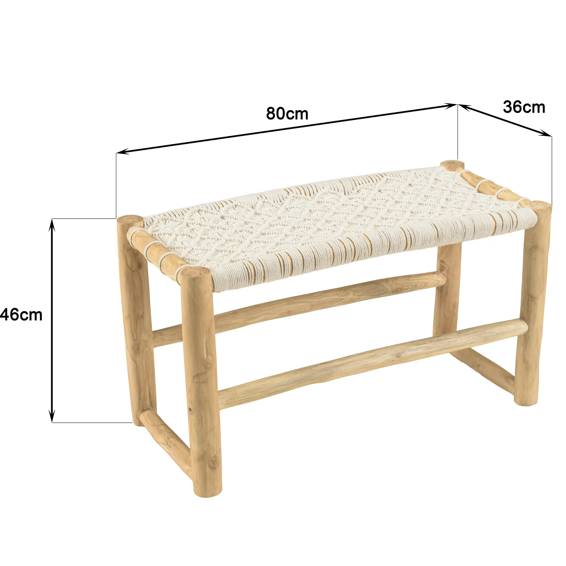 Banc rondins de teck naturel assise macramé blanc MANAK