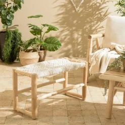 Banc rondins de teck naturel assise macramé blanc MANAK