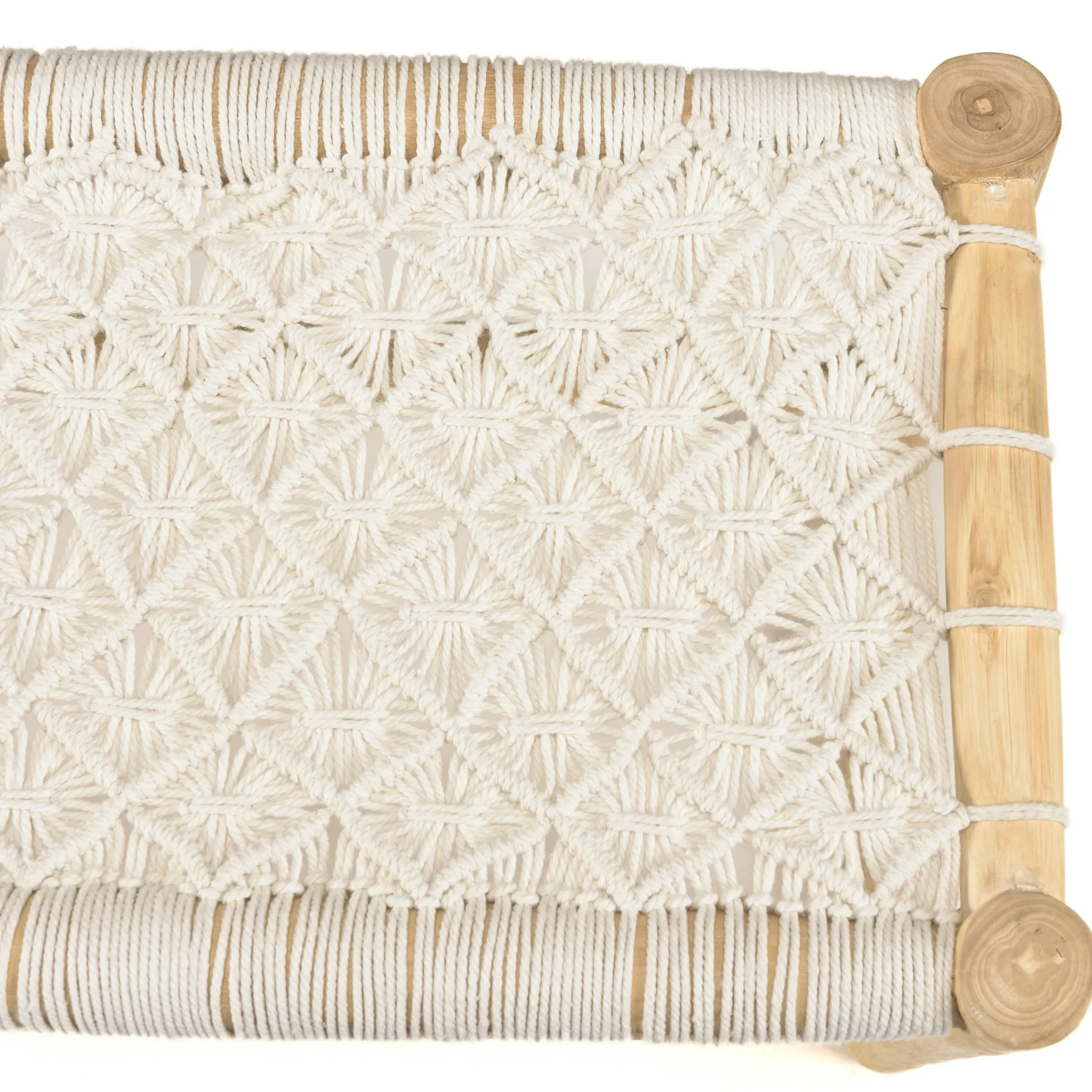 Banc rondins de teck naturel assise macramé blanc MANAK