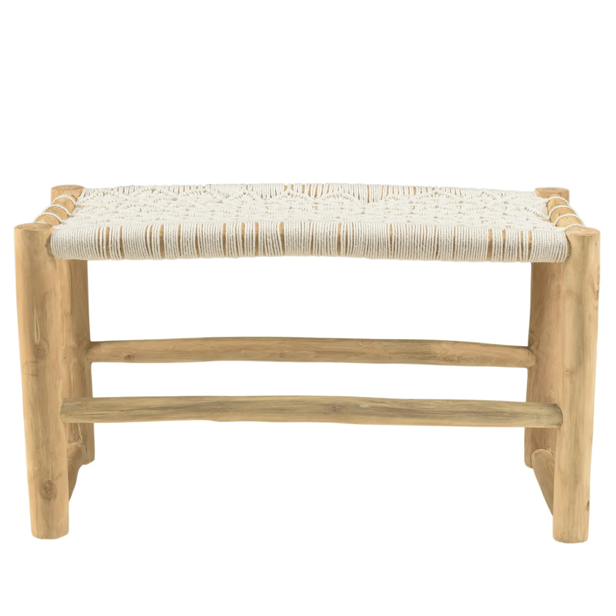 Banc rondins de teck naturel assise macramé blanc MANAK