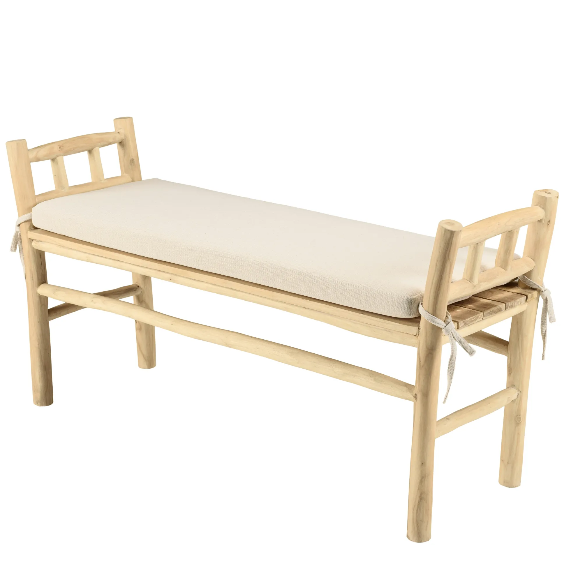 Banc rondins de teck naturel coussin blanc MANAK