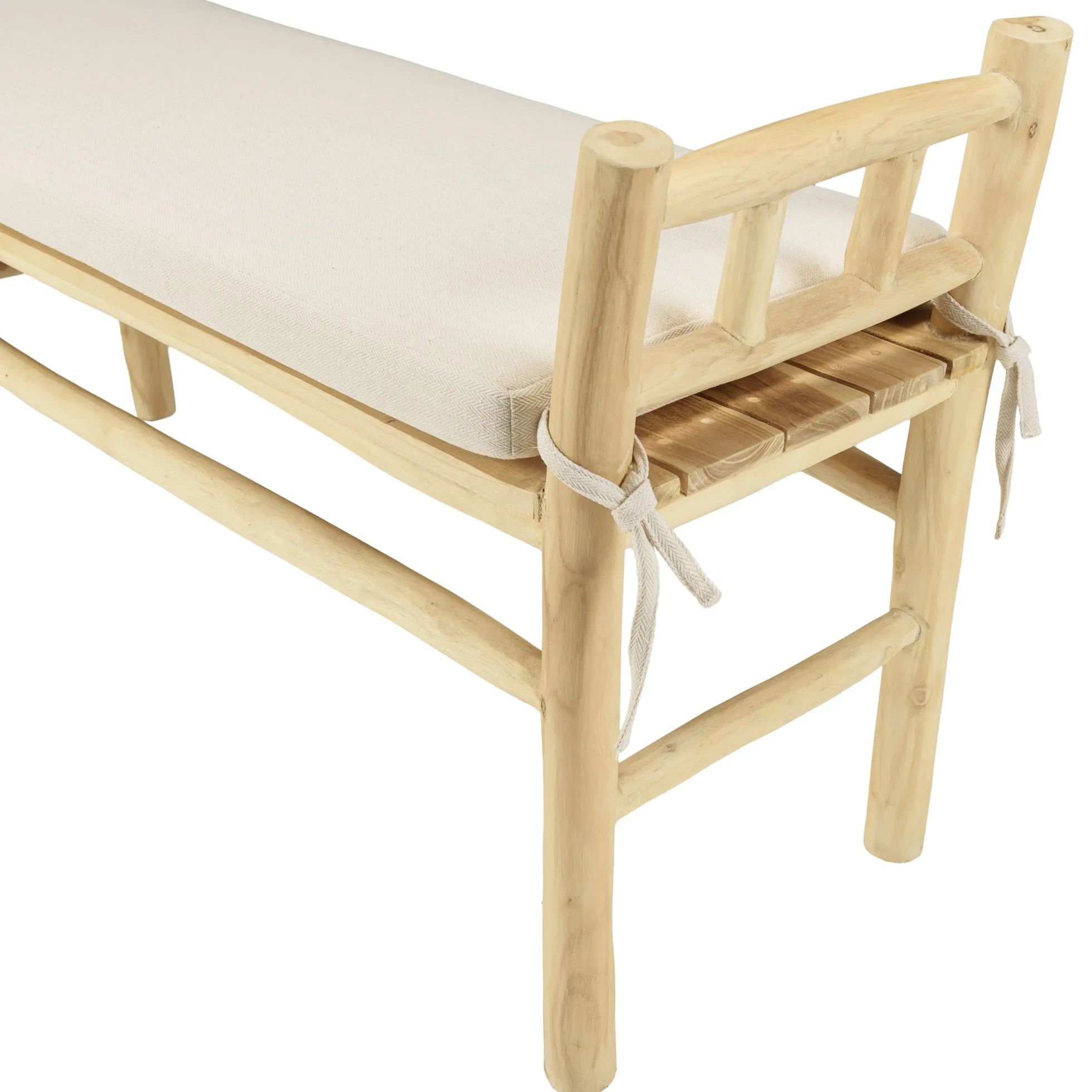 Banc rondins de teck naturel coussin blanc MANAK