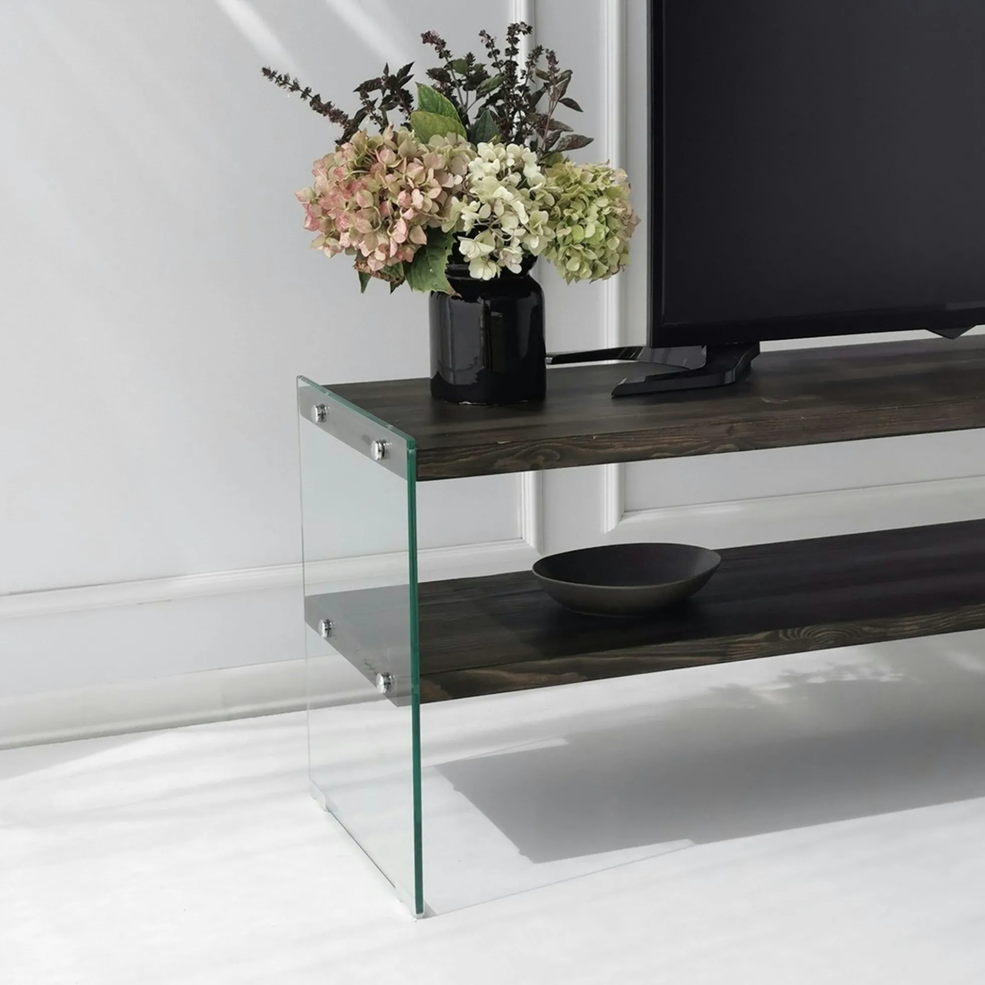 Banc TV bois anthracite et verre - 2 niveaux, 140 cm LHASA