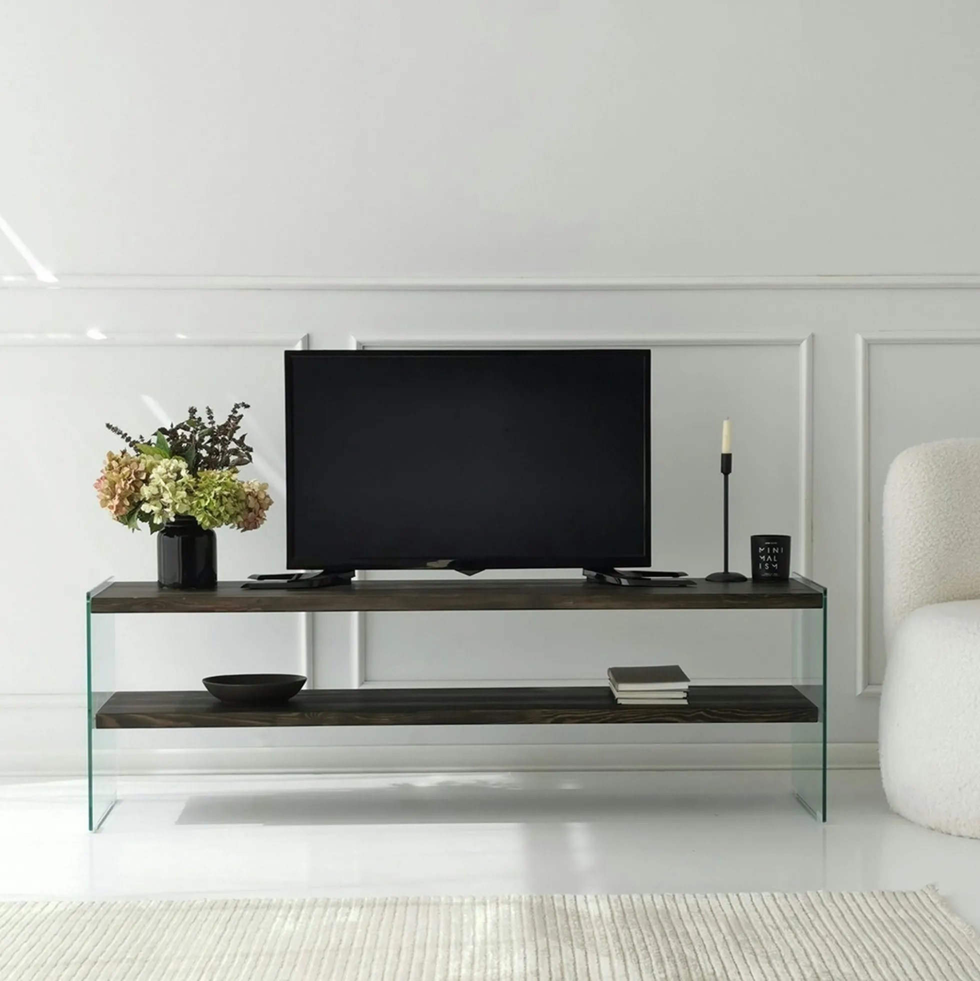 Banc TV bois anthracite et verre - 2 niveaux, 140 cm LHASA