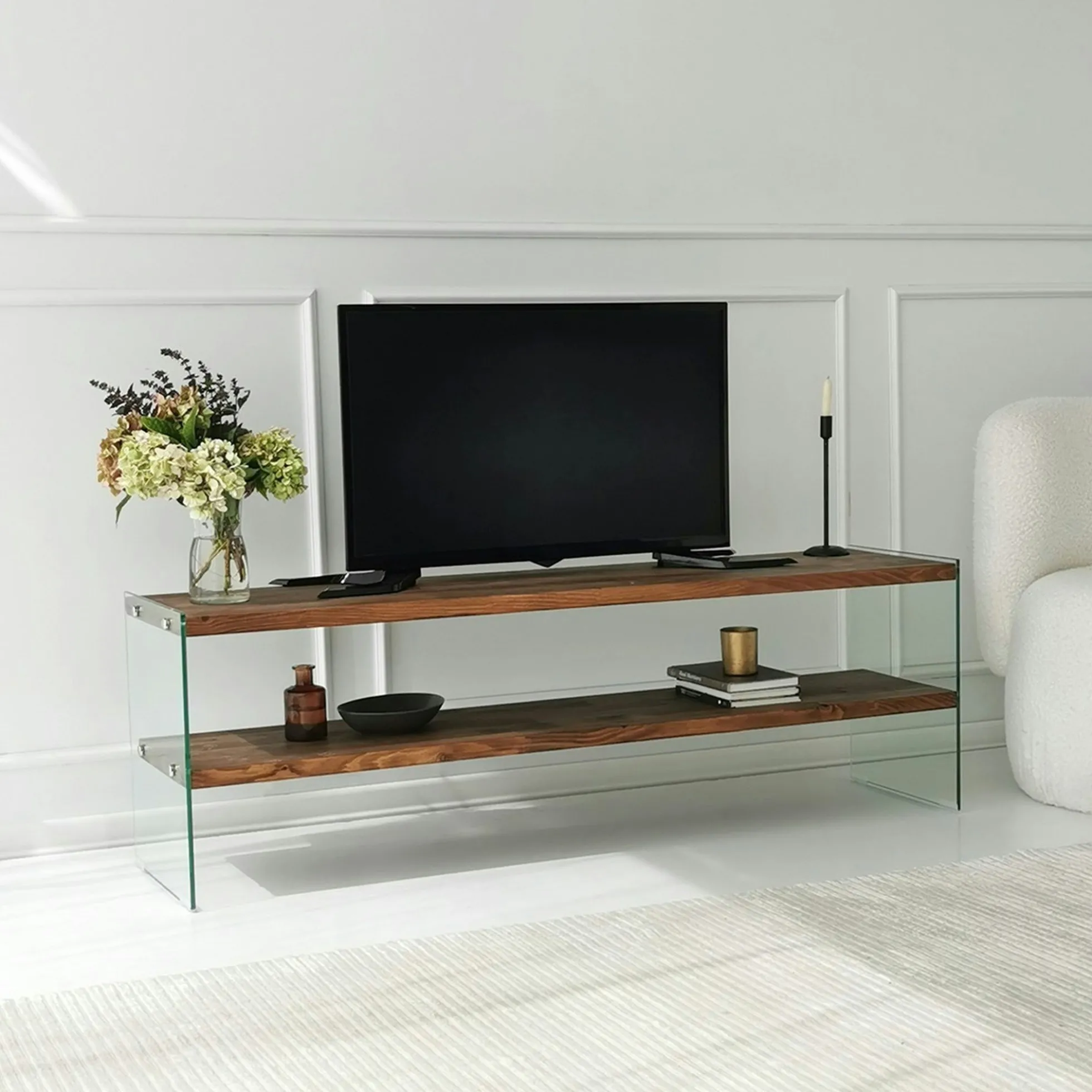 Banc TV en bois brun et verre - 2 niveaux, 140 cm LHASA