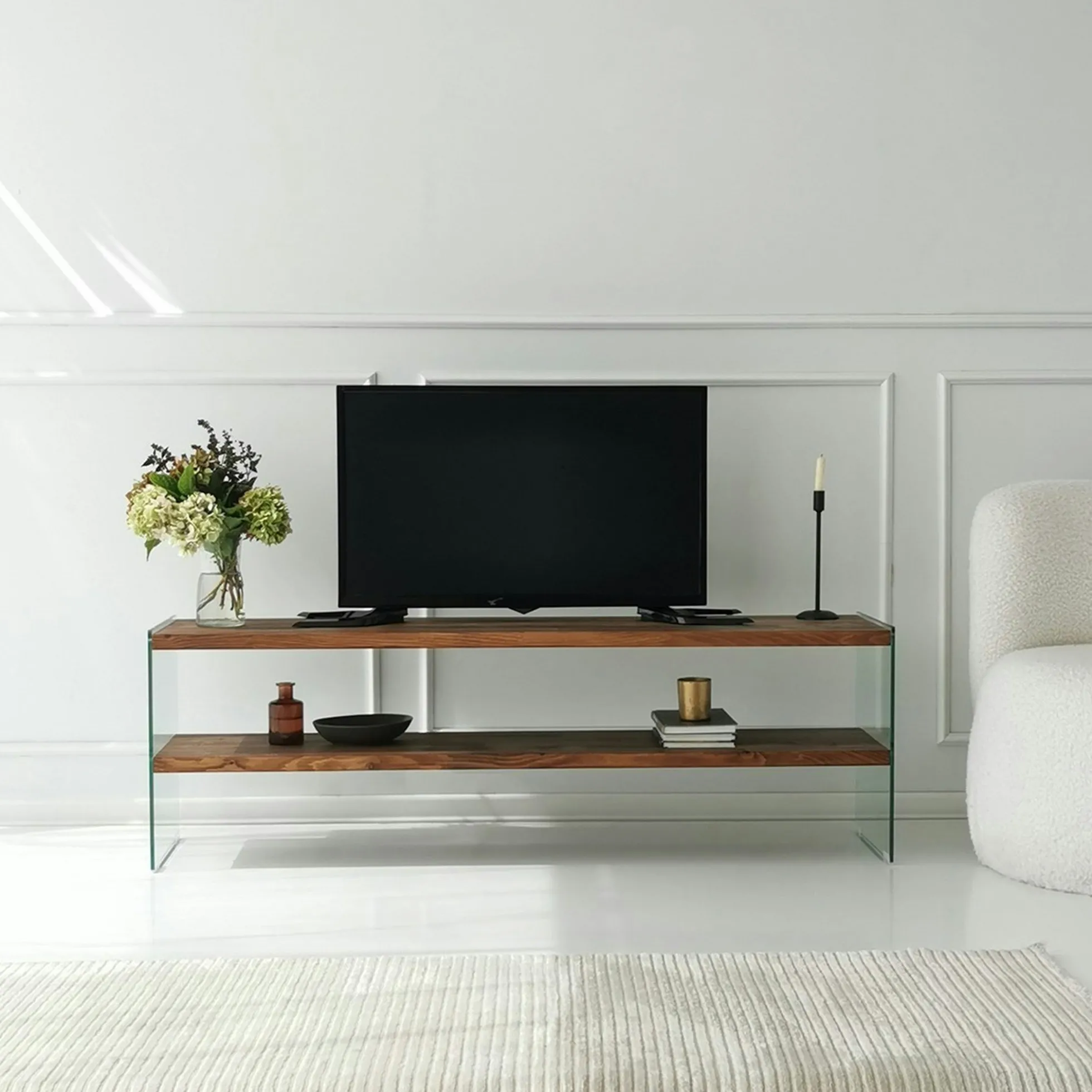 Banc TV en bois brun et verre - 2 niveaux, 140 cm LHASA