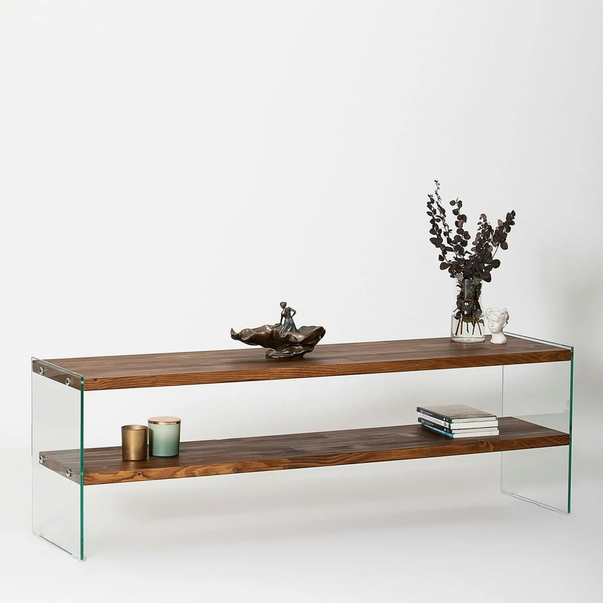 Banc TV en bois brun et verre - 2 niveaux, 140 cm LHASA
