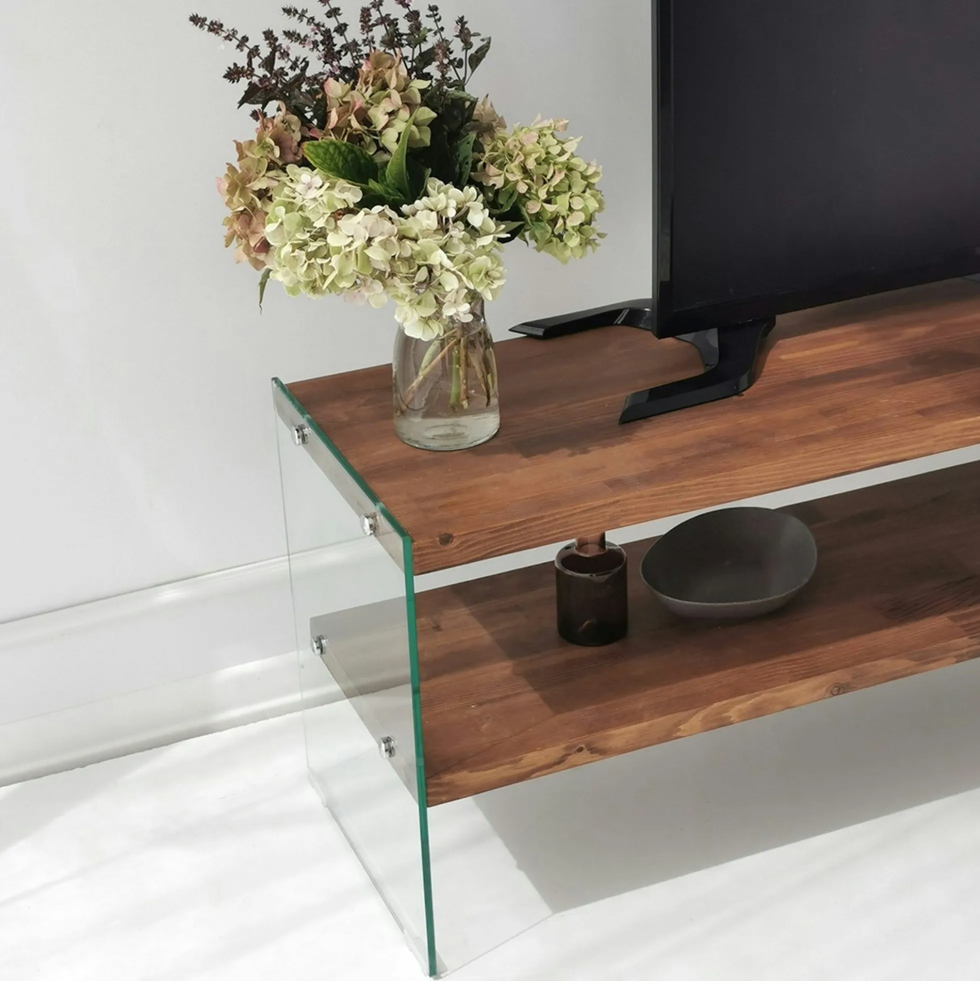 Banc TV en bois brun et verre - 2 niveaux, 140 cm LHASA