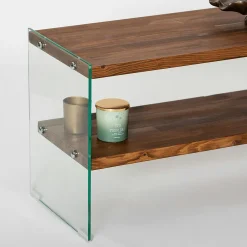 Banc TV en bois brun et verre - 2 niveaux, 140 cm LHASA