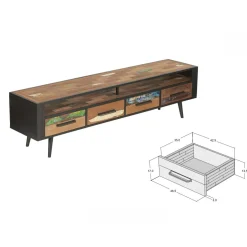 Banc TV 4 tiroirs 1 niche bois recyclé DRAKKAR