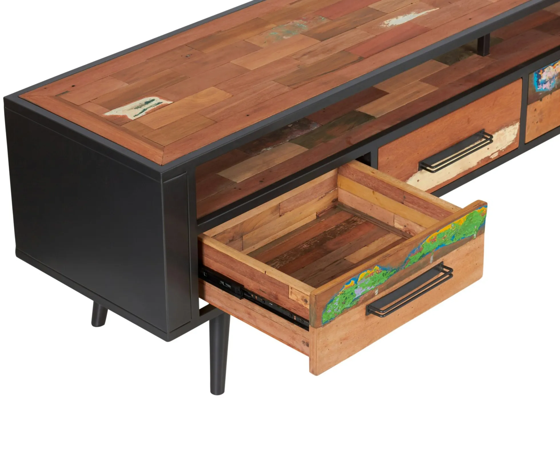 Banc TV 4 tiroirs 1 niche bois recyclé DRAKKAR