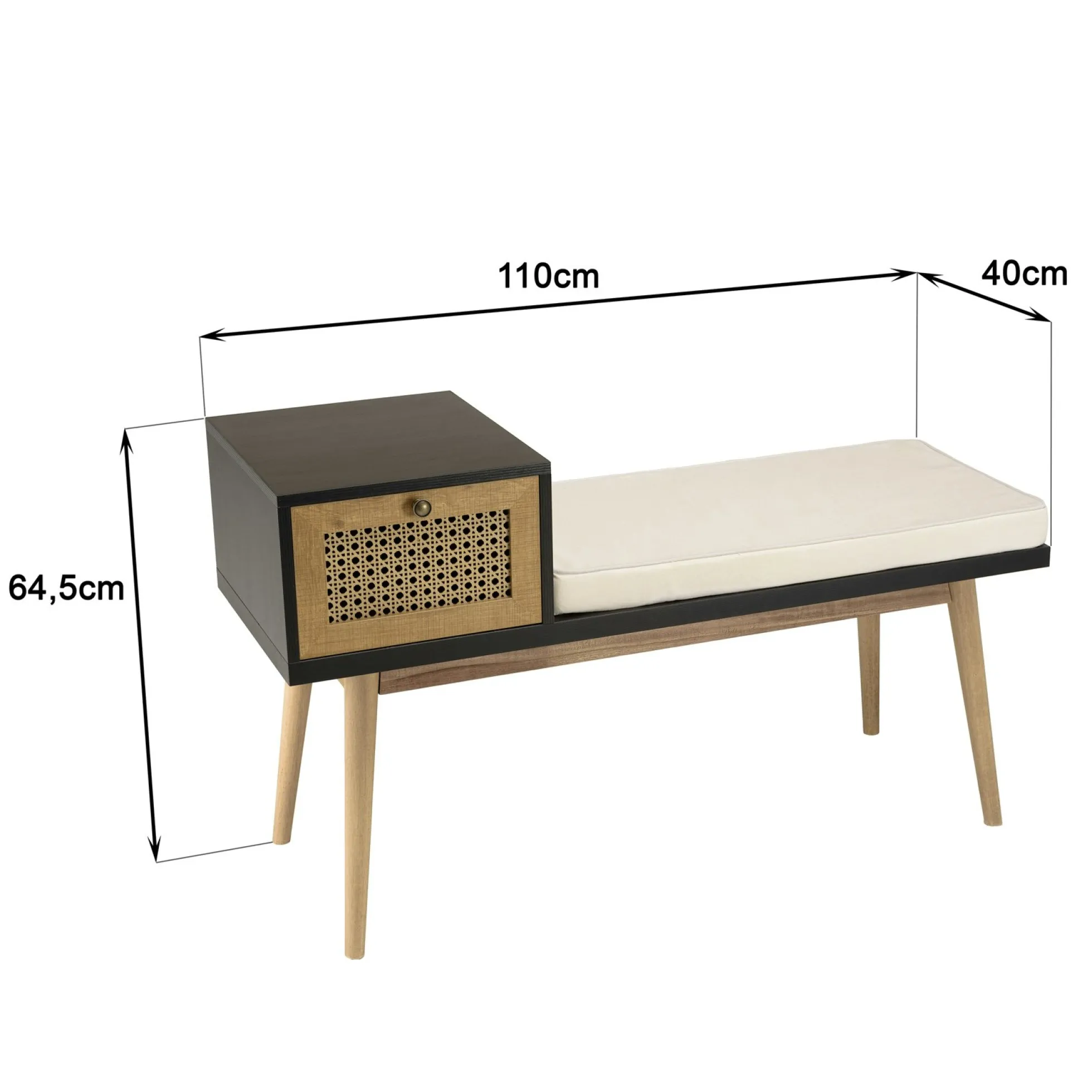 Banquette d'entrée en bois avec tiroir en cannage ALCUDIA