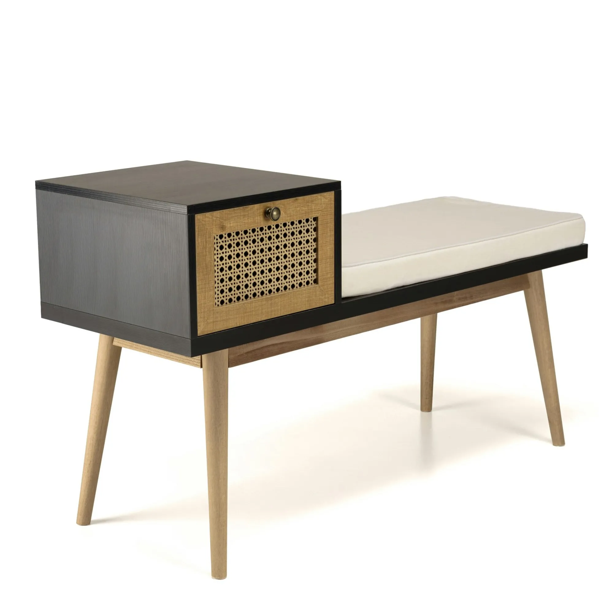 Banquette d'entrée en bois avec tiroir en cannage ALCUDIA