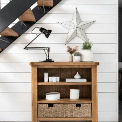 Bibliothèque basse en chêne avec panier de rangement VALMONT