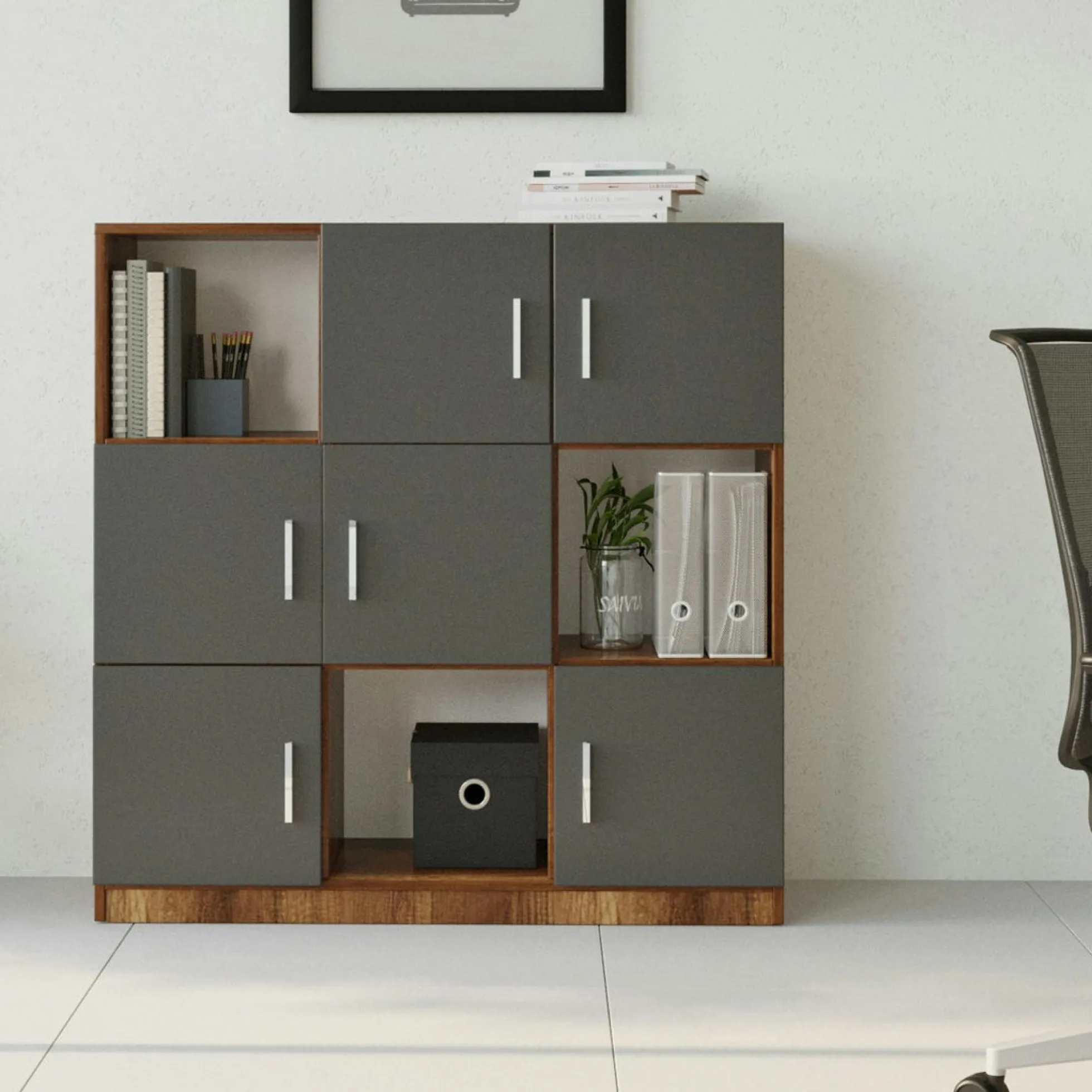 Bibliothèque design damier 6 rangements gris rétro chic MARFA
