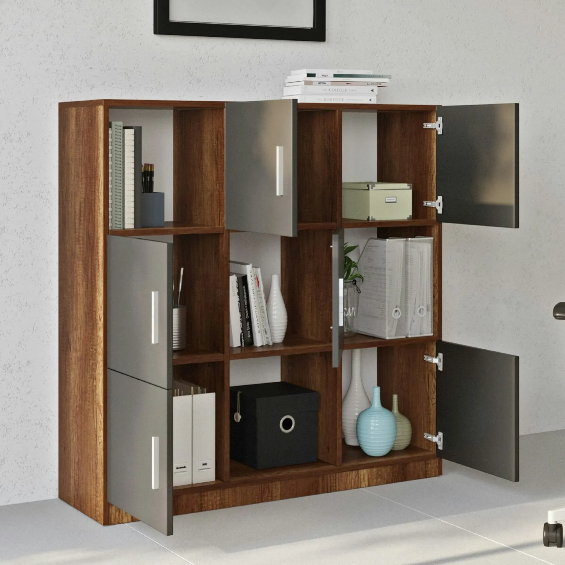 Bibliothèque design damier 6 rangements gris rétro chic MARFA