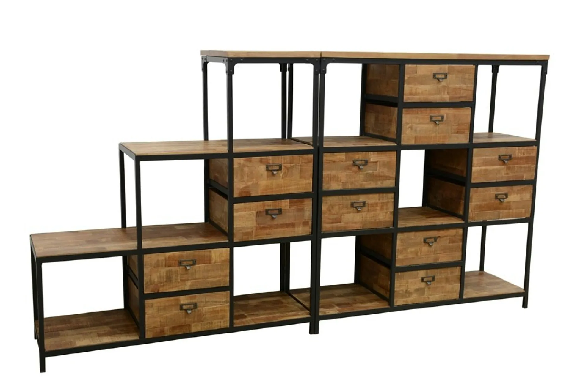 Bibliothèque Double Faces 8 tiroirs, 5 niches cubes en Hévéa recyclé naturel et métal 120x40x128cm LOFT