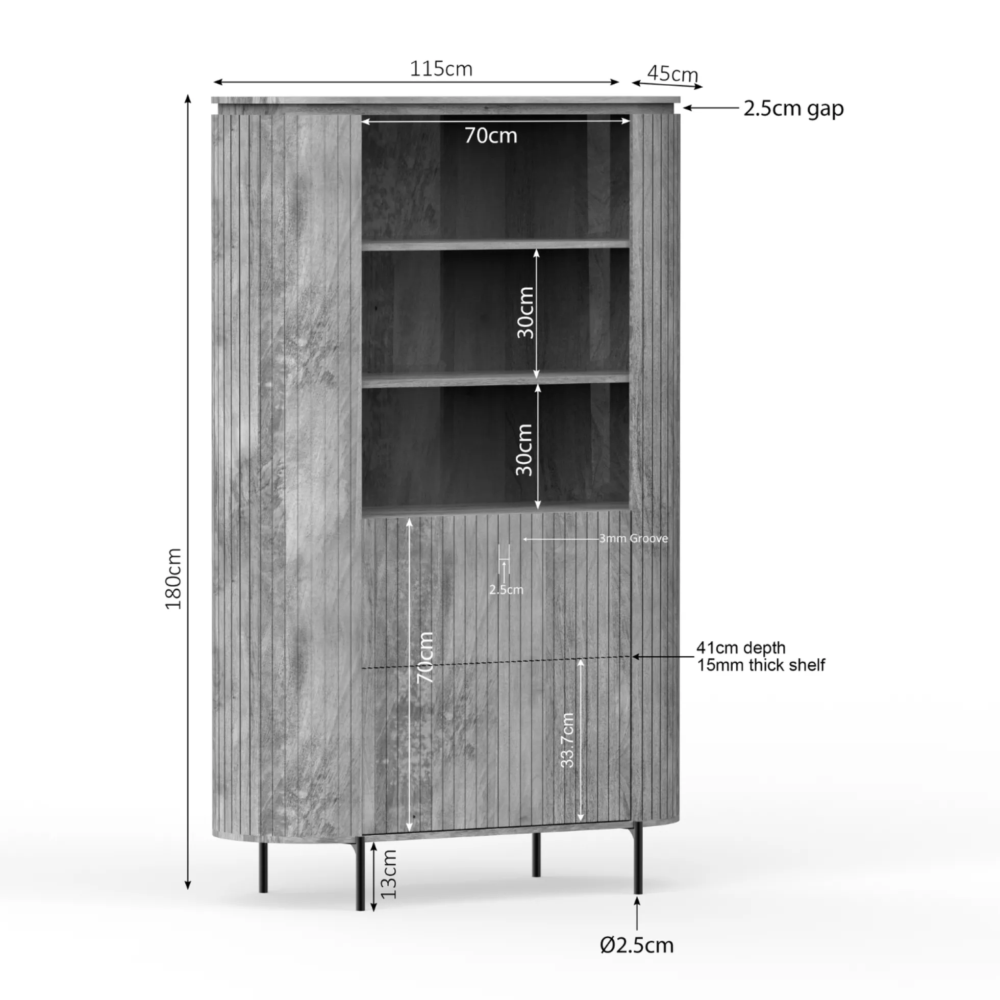 Bibliothèque haute bois gris rainuré avec rangement CALERO