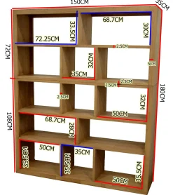 Bibliothèque Hévéa 13 niches en 2 parties 35x150x180cm HELENA