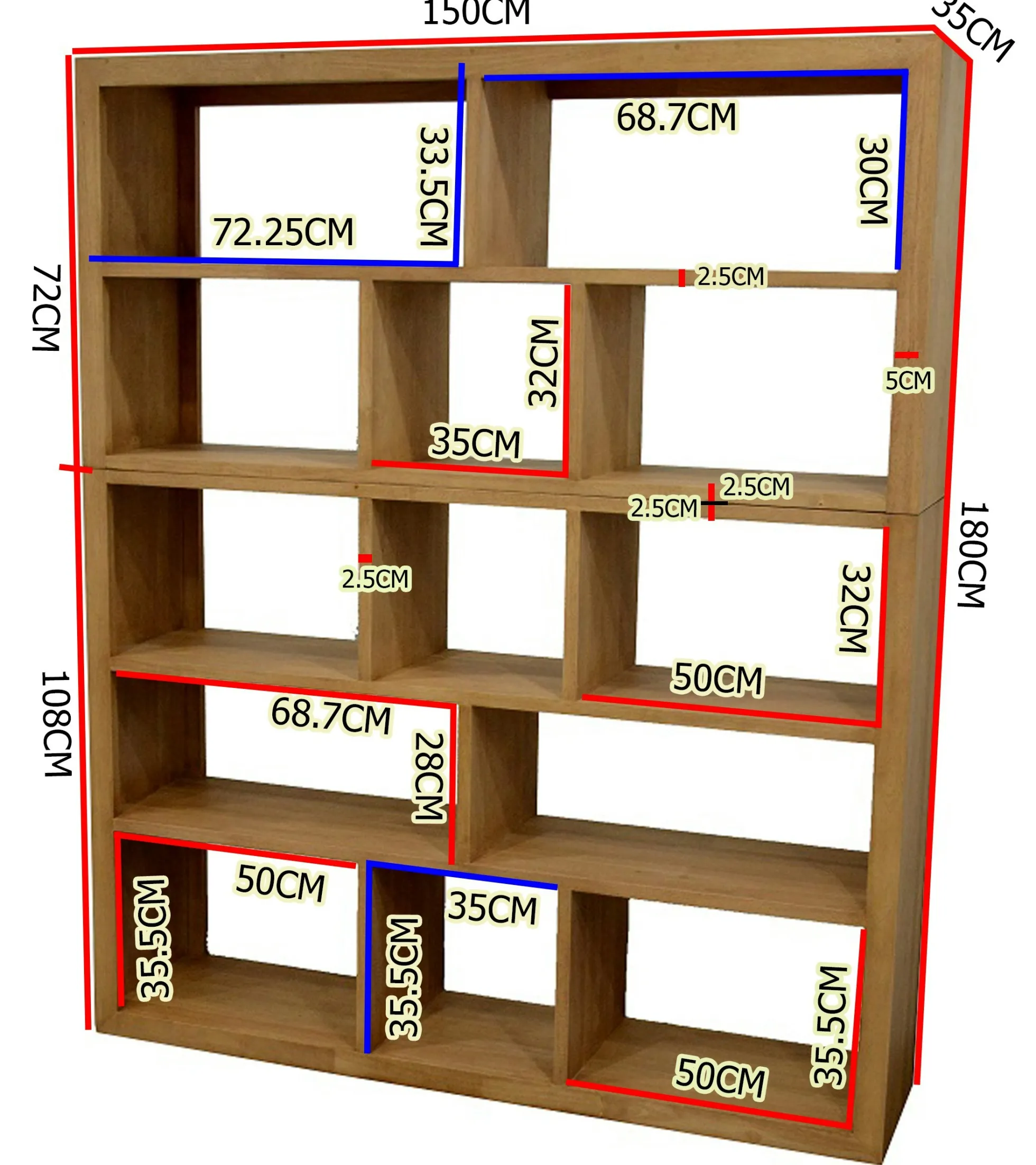 Bibliothèque Hévéa 13 niches en 2 parties 35x150x180cm HELENA