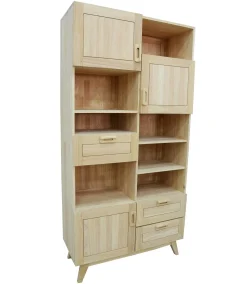 Bibliothèque Hévéa 3 portes, 3 tiroirs, 7 niches 95x40x160cm SIXTIES