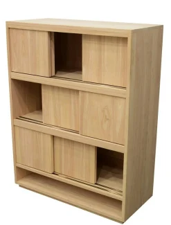 Bibliothèque Hévéa 3 étages à portes coulissantes, 1 niche basse 90x40x120cm BALTIC